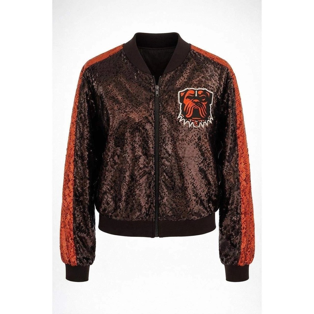 Cleveland Browns Sequin Bomber Jacket Brown Orange Dawg Pound NFL Womens Small
